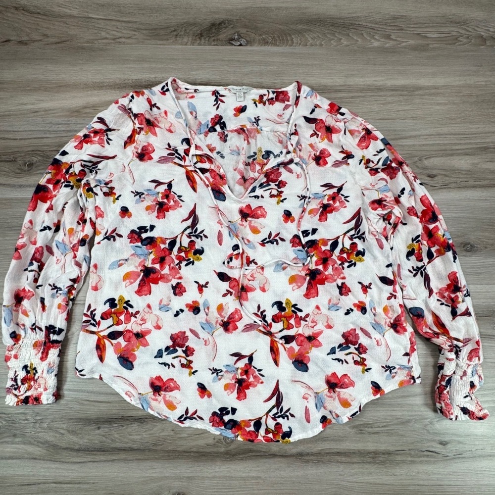 Lucky Brand Women White Red Floral Viscose Tie Neck Smocked Cuff Blouse L